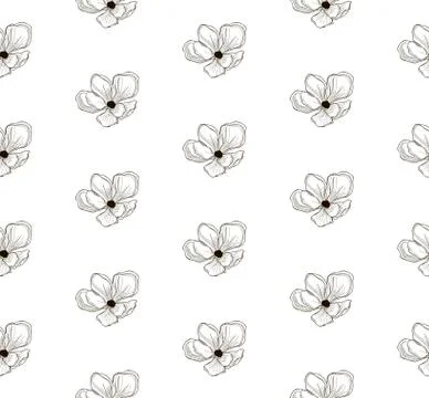 Vector Black Seamless Pattern with Drawn Cherry Flowers Stock Illustration