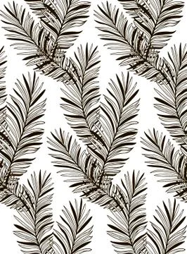Vector Black Seamless Pattern with Drawn Fern Leaves Stock Illustration
