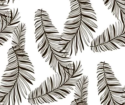 Vector Black Seamless Pattern with Drawn Fern Leaves Stock Illustration