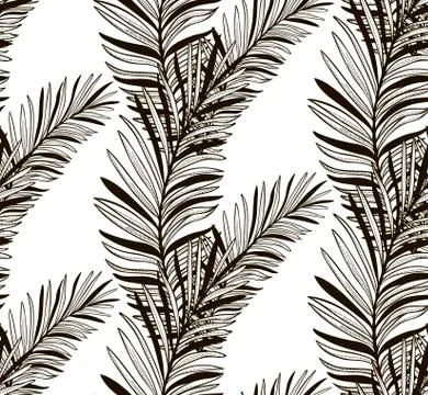 Vector Black Seamless Pattern with Drawn Fern Leaves Stock Illustration