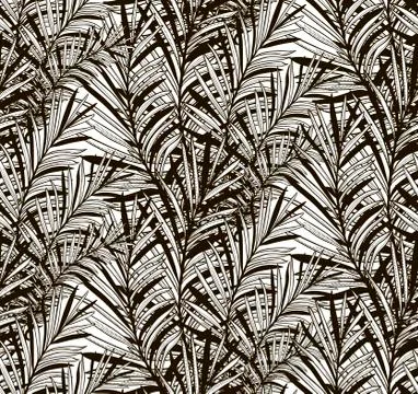 Vector Black Seamless Pattern with Drawn Fern Leaves Stock Illustration