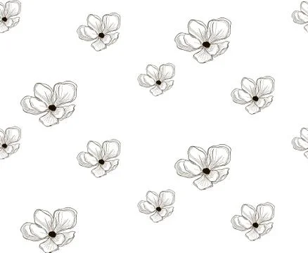 Vector Black Seamless Pattern with Drawn Cherry Flowers Stock Illustration