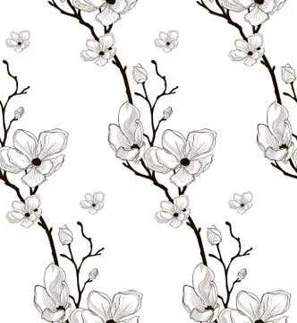 Vector Black Seamless Pattern with Drawn Cherry Flowers Stock Illustration