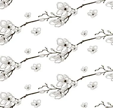 Vector Black Seamless Pattern with Drawn Cherry Flowers Stock Illustration