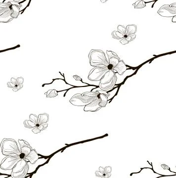 Vector Black Seamless Pattern with Drawn Cherry Flowers 스톡 일러스트