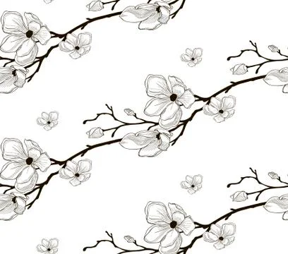 Vector Black Seamless Pattern with Drawn Cherry Flowers 스톡 일러스트