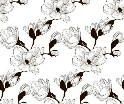 Vector Black Seamless Pattern with Drawn Cherry Flowers Stock Illustration