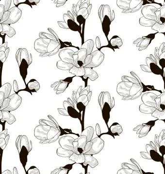 Vector Black Seamless Pattern with Drawn Cherry Flowers 스톡 일러스트