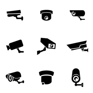 Vector black security camera icon set Stock Illustration
