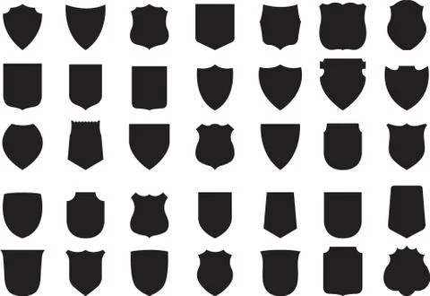 Vector Black Shields Set, 35 shields, coat of arms silhouette Stock Illustration