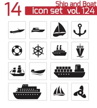 Vector black ship and boat  icons set Stock Illustration