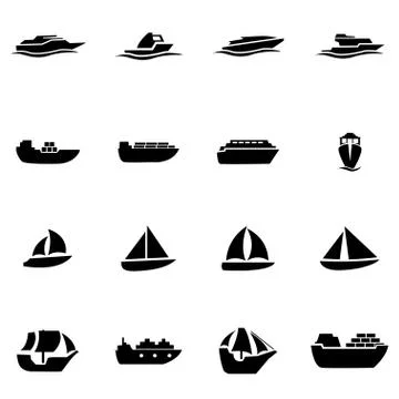 Vector black ship and boat icon set Stock Illustration
