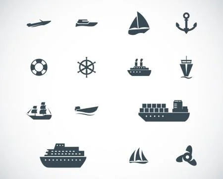 Vector black ship and boat  icons set Stock Illustration