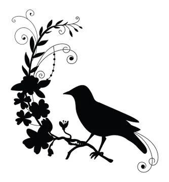 Vector black silhouette bird and flower composition Stock Illustration