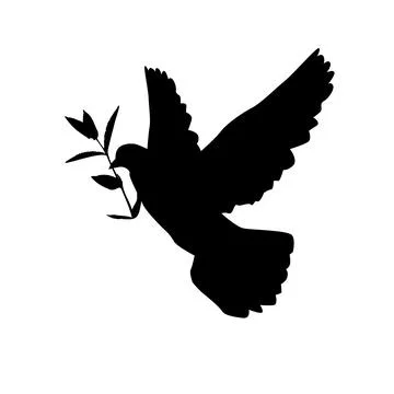 Vector black silhouette of a flying dove with branch on a white background. Stock Illustration