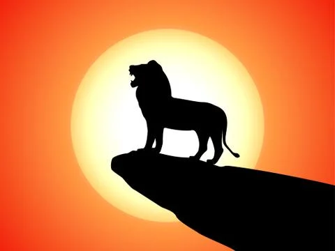Vector black silhouette snarling lion on a rock Stock Illustration