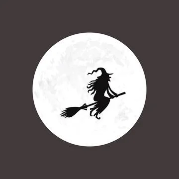 Vector black silhouette of a witch flying on broom and full moon on dark sky in Stock Illustration