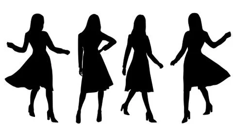 Vector black silhouettes of fashion women isolated on white background Stock Illustration