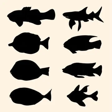 Vector black silhouettes fish set. Icons. Illustrazione stock