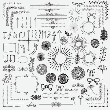 Vector Black Sketched Floral Rustic Design Elements Illustrazione stock