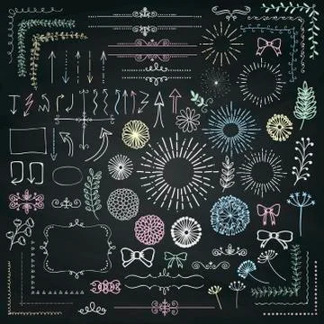 Vector Black Sketched Floral Rustic Design Elements Illustrazione stock