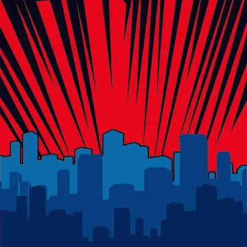 Vector of black streaked red sky over blue city buildings Ilustración de archivo
