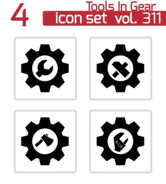 Vector black tools in gear icons set Stock Illustration