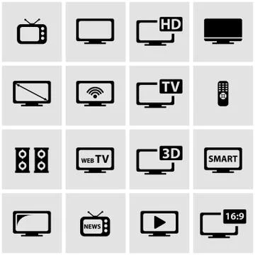 Vector black tv icon set Illustrazione stock