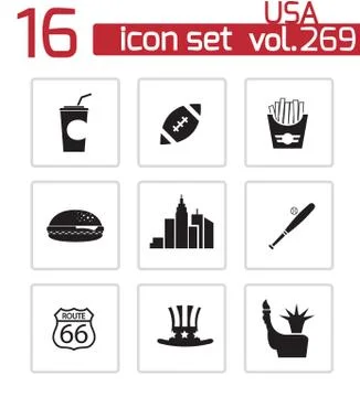 Vector black USA icons set Illustrazione stock