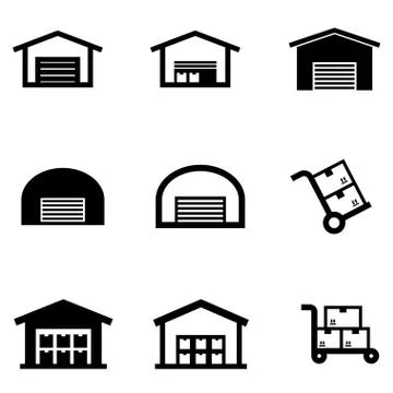 Vector black warehouse icon set Stock Illustration