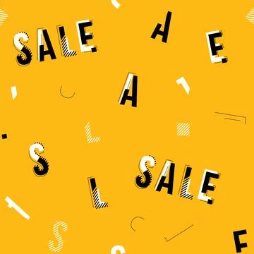 Vector black, white and yellow sale typography seamless pattern with geometric Stock Illustration