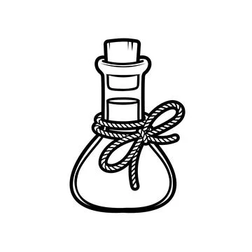 Vector black white image of bottle with potion. Magic liquid. Sticker Halloween Stock Illustration