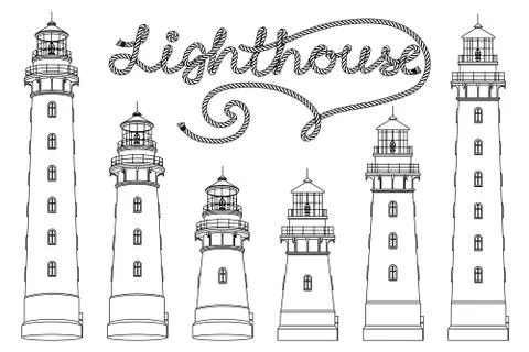 Vector black, white outline Lighthouse beacon set Stock Illustration