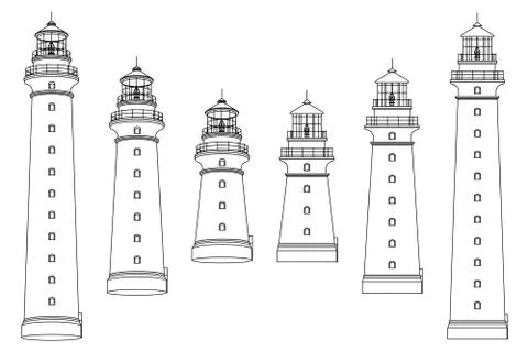 Vector black, white outline Lighthouse beacon set Stock Illustration