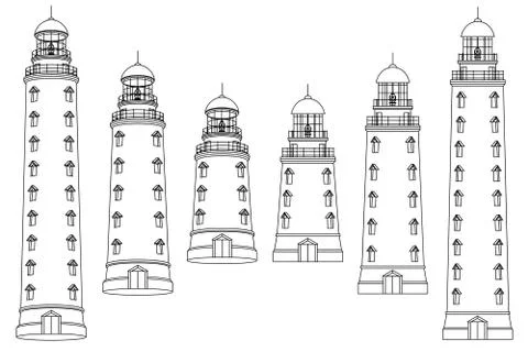 Vector black, white outline Lighthouse beacon set Illustrazione stock