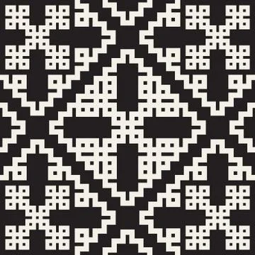 Vector Black  White Seamless Geometric Square Rhombus Grid Ethnic Pattern Stock Illustration