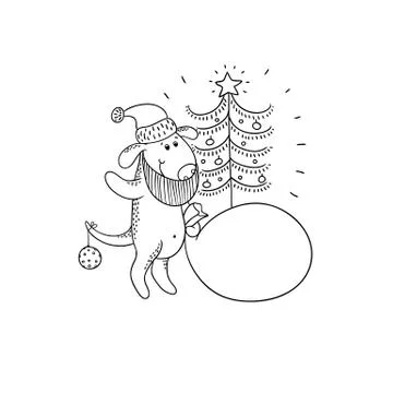 Vector black-white sketch funny cartoon puppy. Character dog on winter in a Stock Illustration