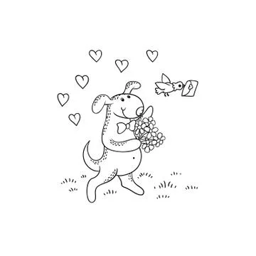 Vector black-white sketch funny cartoon puppy.The dog character goes on a date Stock Illustration