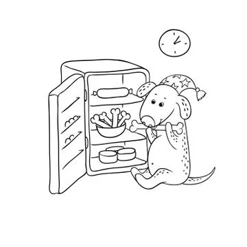 Vector black-white sketch funny cartoon puppy. Character hungry dog in the night Stock Illustration