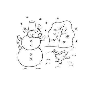 Vector black-white sketch funny cartoon puppy. Character dog on winter jokingly Stock Illustration