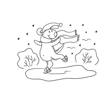 Vector black-white sketch funny cartoon puppy. Character dog on winter skates Stock Illustration