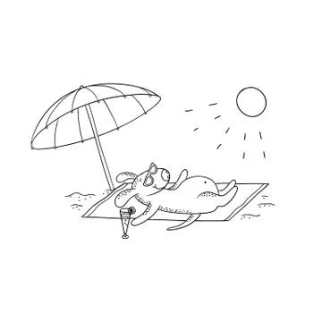 Vector black-white sketch funny cartoon puppy. Character dog sunbathing in the Stock Illustration