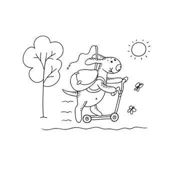 Vector black-white sketch funny cartoon puppy. Character dog rides a scooter Stock Illustration