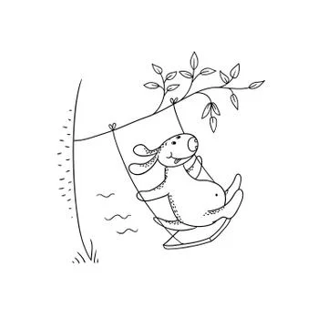 Vector black-white sketch funny cartoon puppy. Character dog swings on a swing Stock Illustration