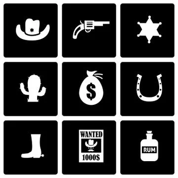 Vector black wild west icon set Stock Illustration