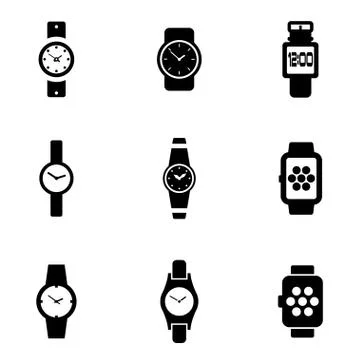 Vector black wristwatch icon set Stock Illustration