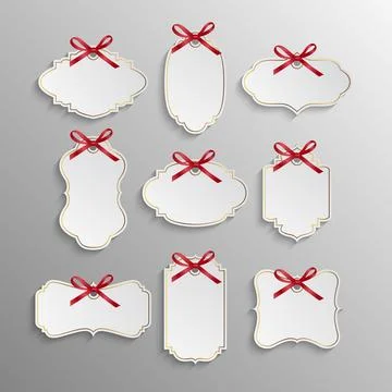 Vector Blank Gift Tag with Red Ribbon Bow. Ornate Frame Gift Tag Label, Vintage 스톡 일러스트