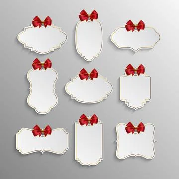 Vector Blank Gift Tag with Red Ribbon Bow. Ornate Frame Gift Tag Label, Vintage Illustrazione stock