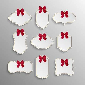 Vector Blank Gift Tag with Red Ribbon Bow. Ornate Frame Gift Tag Label, Vintage 库存插图