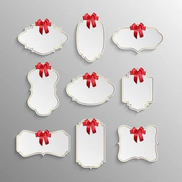 Vector Blank Gift Tag with Red Ribbon Bow. Ornate Frame Gift Tag Label, Vintage Illustrazione stock